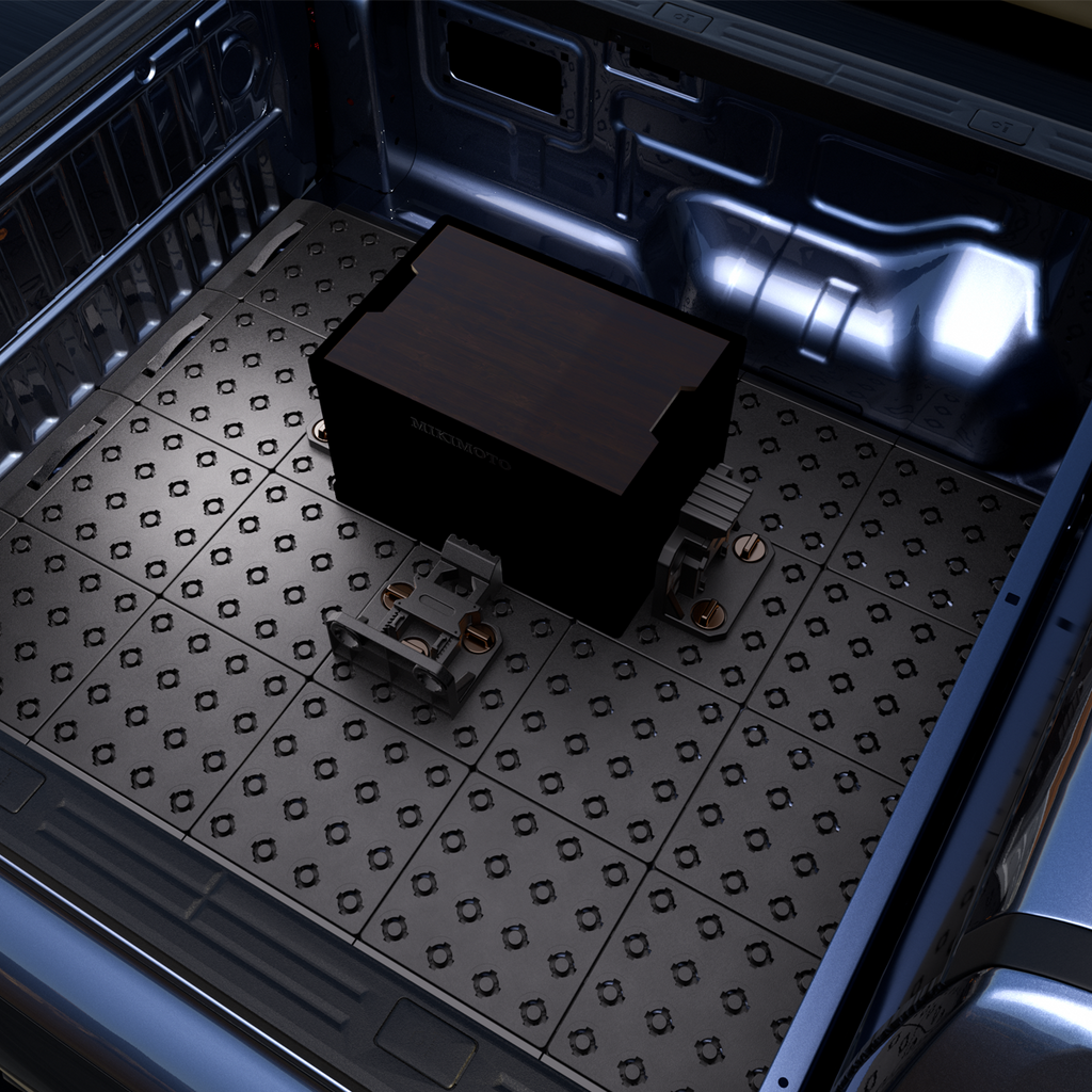 Modular truck bed organiser system for Ford Ranger with customisable storage layout and compartments