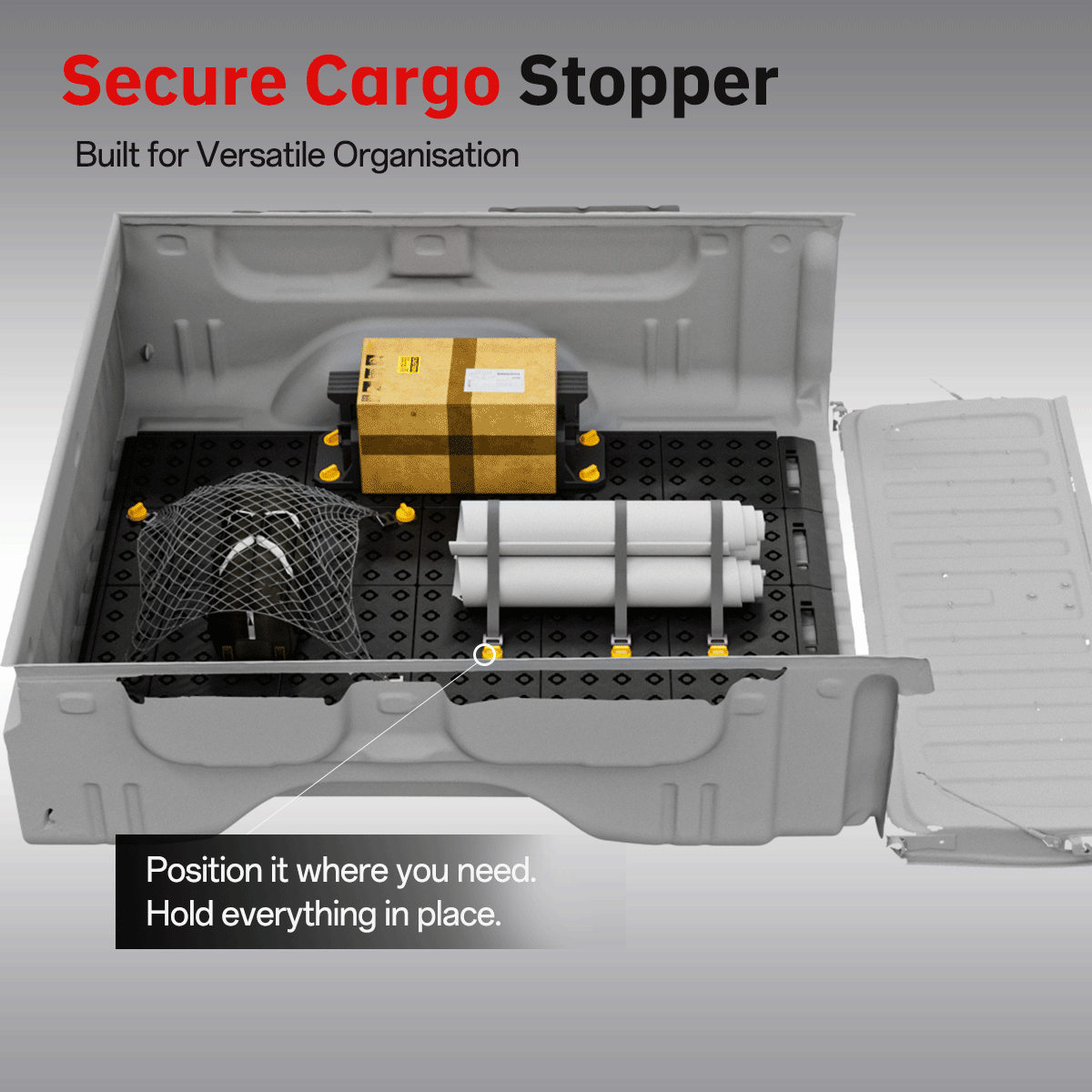 Modular cargo storage panels and grab handle for GMC Sierra 1500 SLE cargo management system